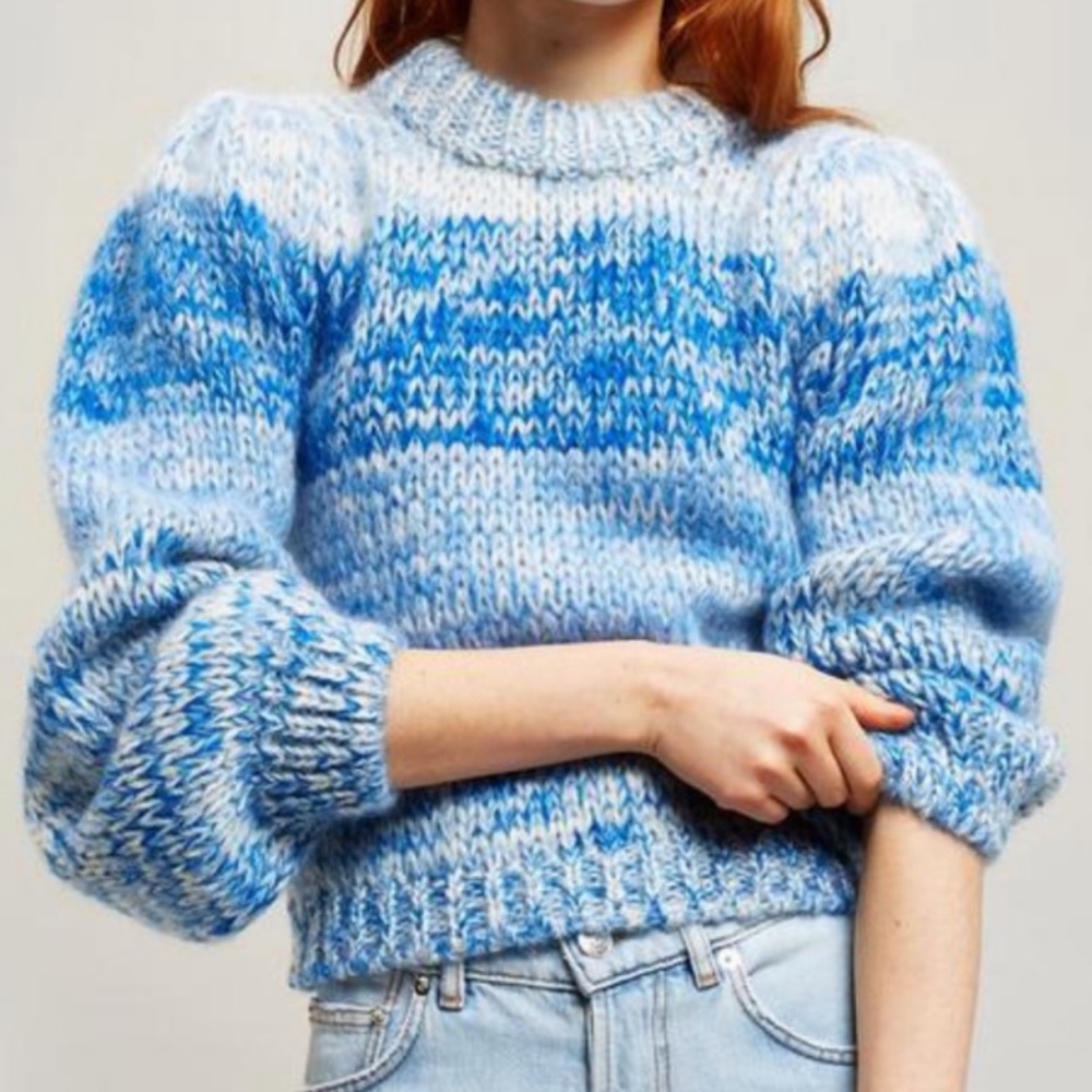 Ganni Julliard Mohair Chunky Knit Sweater Crew Neck Pullover Blue Stripe Small